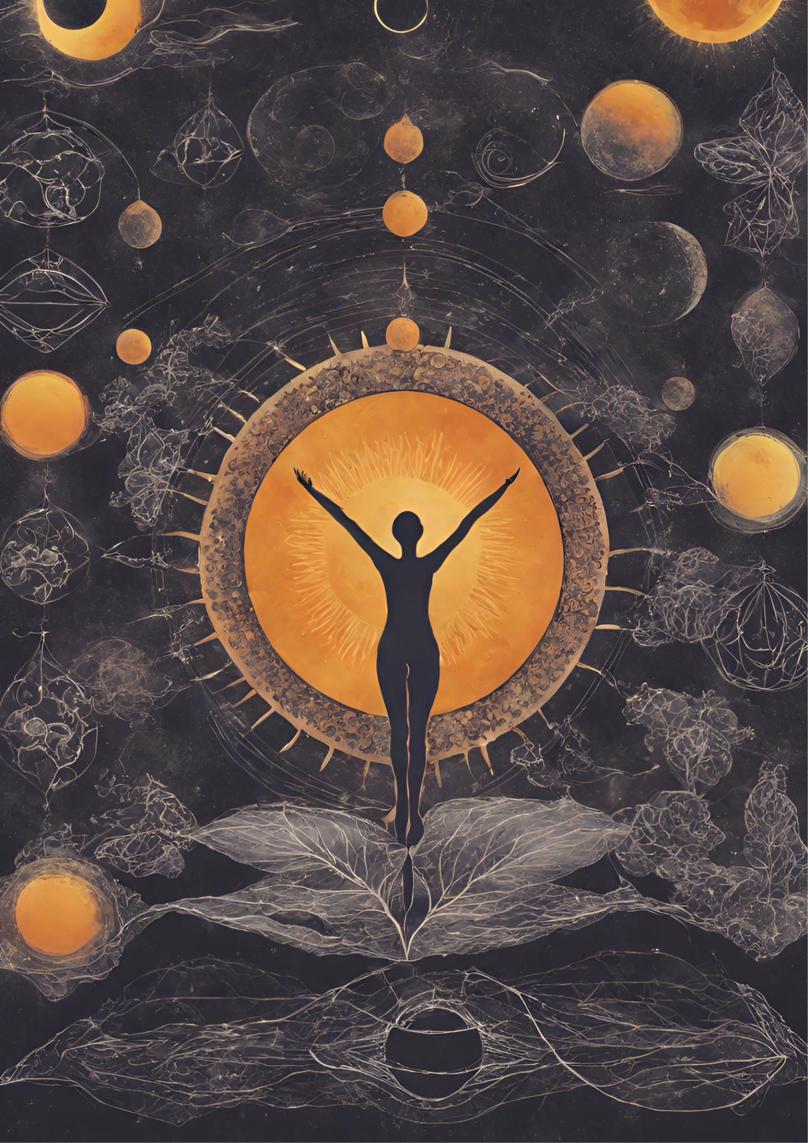 Eclipse Season, woman figure in front of a golden sun, surrounded by moons