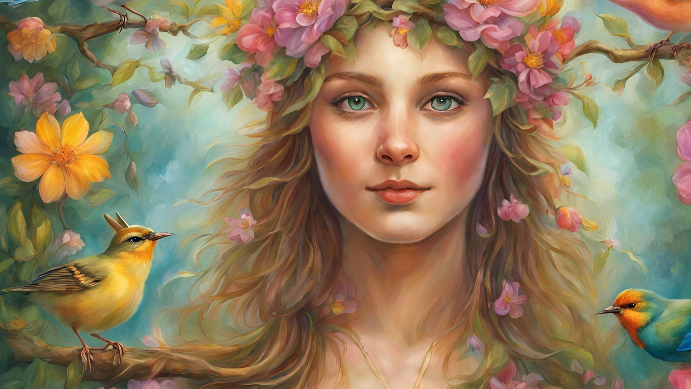 vivid and festive images capturing the essence of Ostara, the pagan festival celebrating spring equinox. Envision scenes of nature awakening, with vibrant colors of blossoming flowers, budding trees, chirping birds and woman Jahreskreisfest Ostara