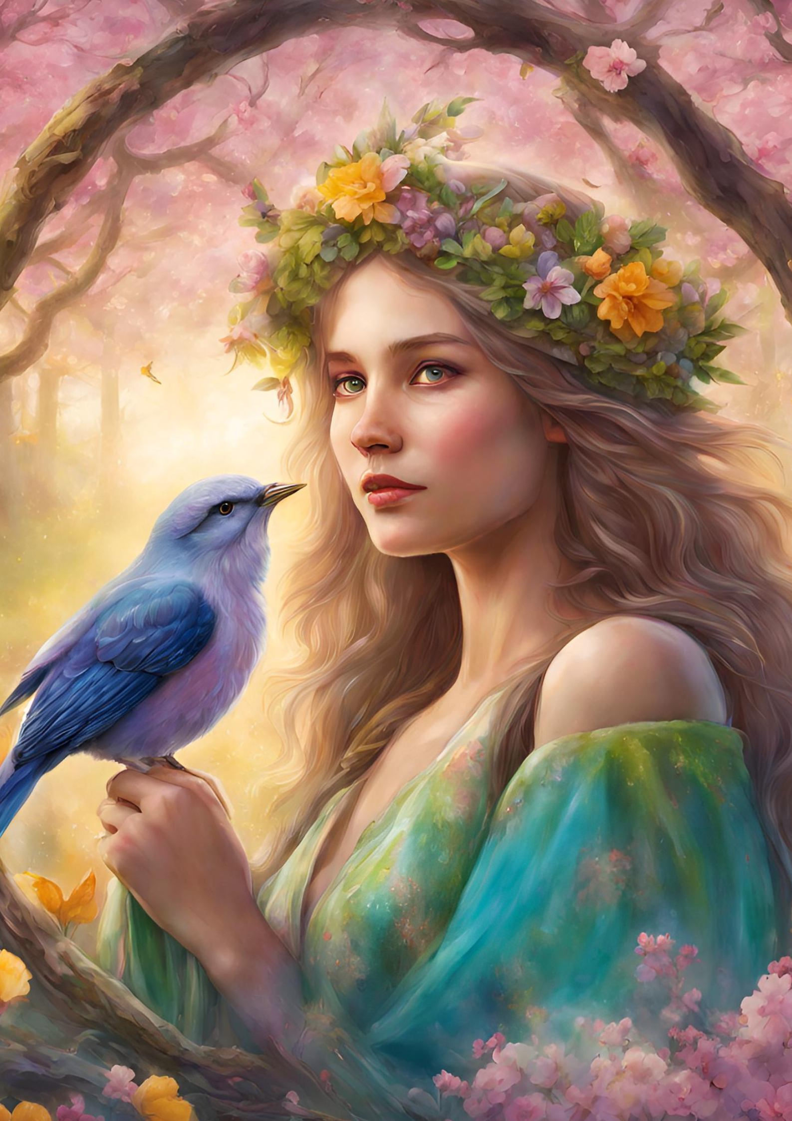 vivid and festive images capturing the essence of Ostara, the pagan festival celebrating spring equinox. Envision scenes of nature awakening, with vibrant colors of blossoming flowers, budding trees, chirping birds and woman<br />
Jahreskreisfest Ostara